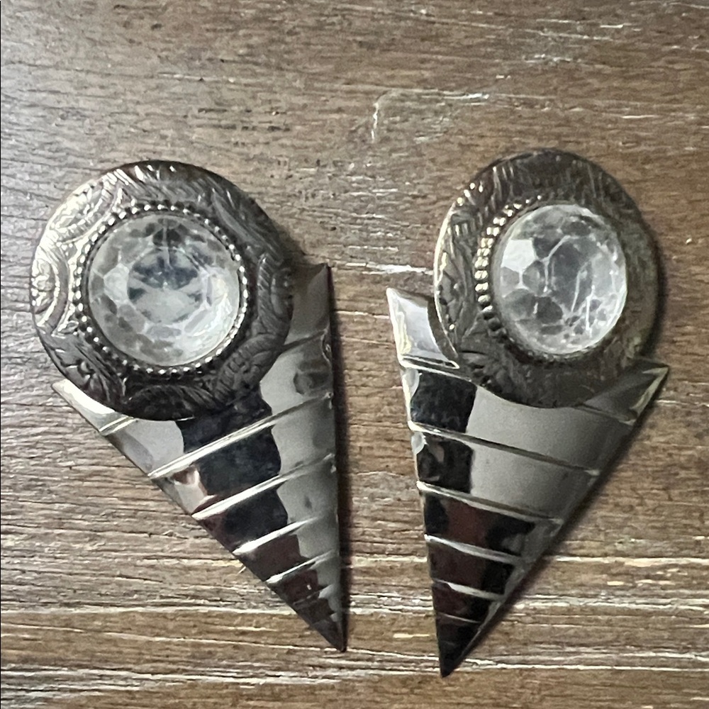 Silver Geometric Earrings with Clear Gem